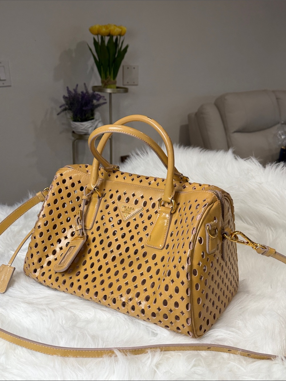 Prada Perforated Saffiano Leather Boston Satchel Shoulder Bag Yellow